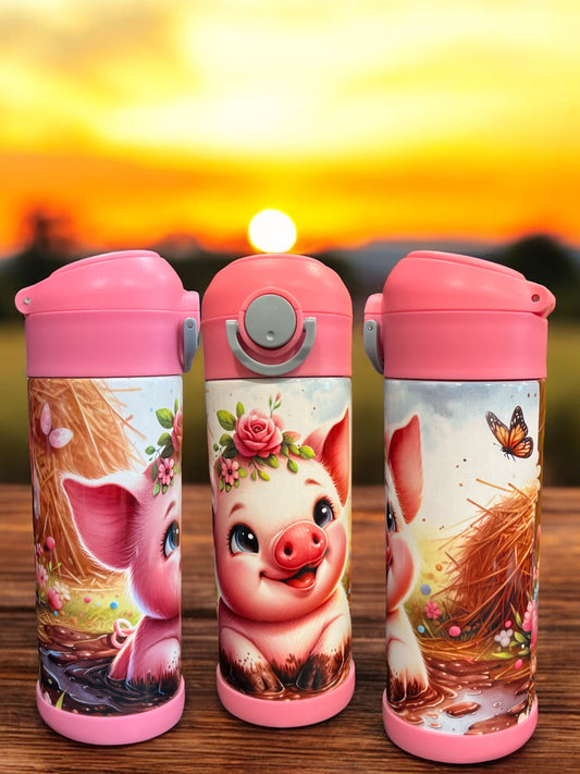 🐷💦 SPLASH, SIP & SQUEAL! 💦🐷 12oz Stainless Steel Kids Water Bottle – Pig in the Mud Design