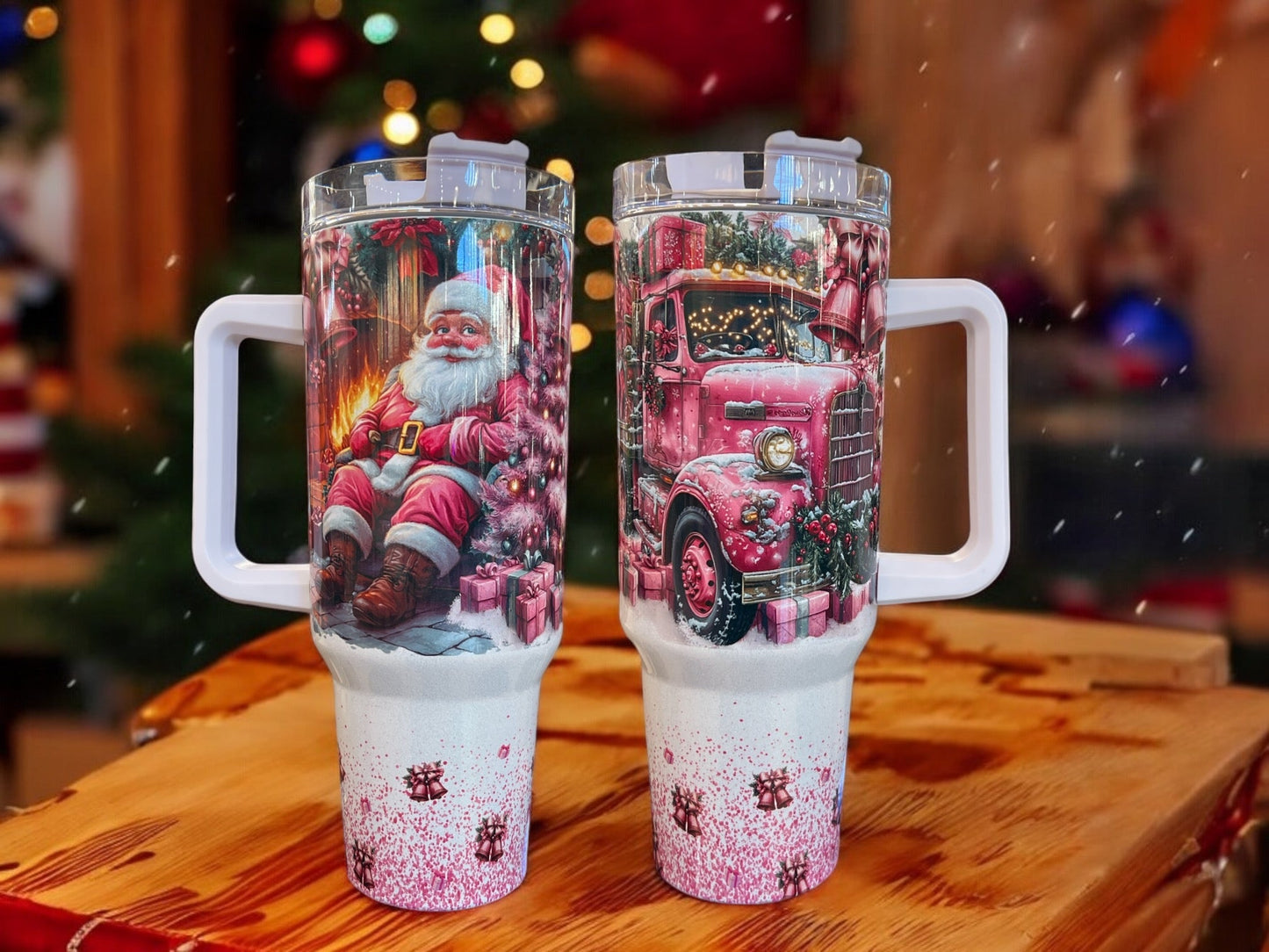 40oz HOLOGRAPHIC Shimmer Stanley Style- Pink Christmas Santa