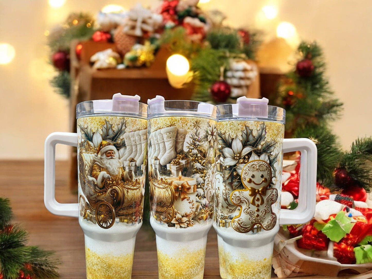 40oz HOLOGRAPHIC Shimmer Stanley Style- Gold Christmas Santa