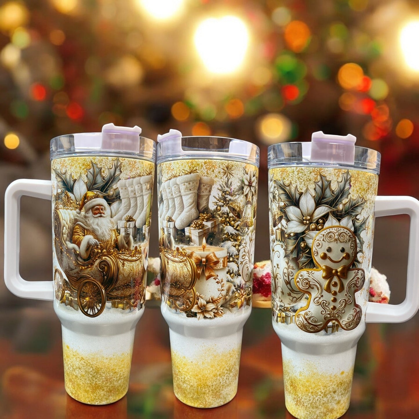 40oz HOLOGRAPHIC Shimmer Stanley Style- Gold Christmas Santa