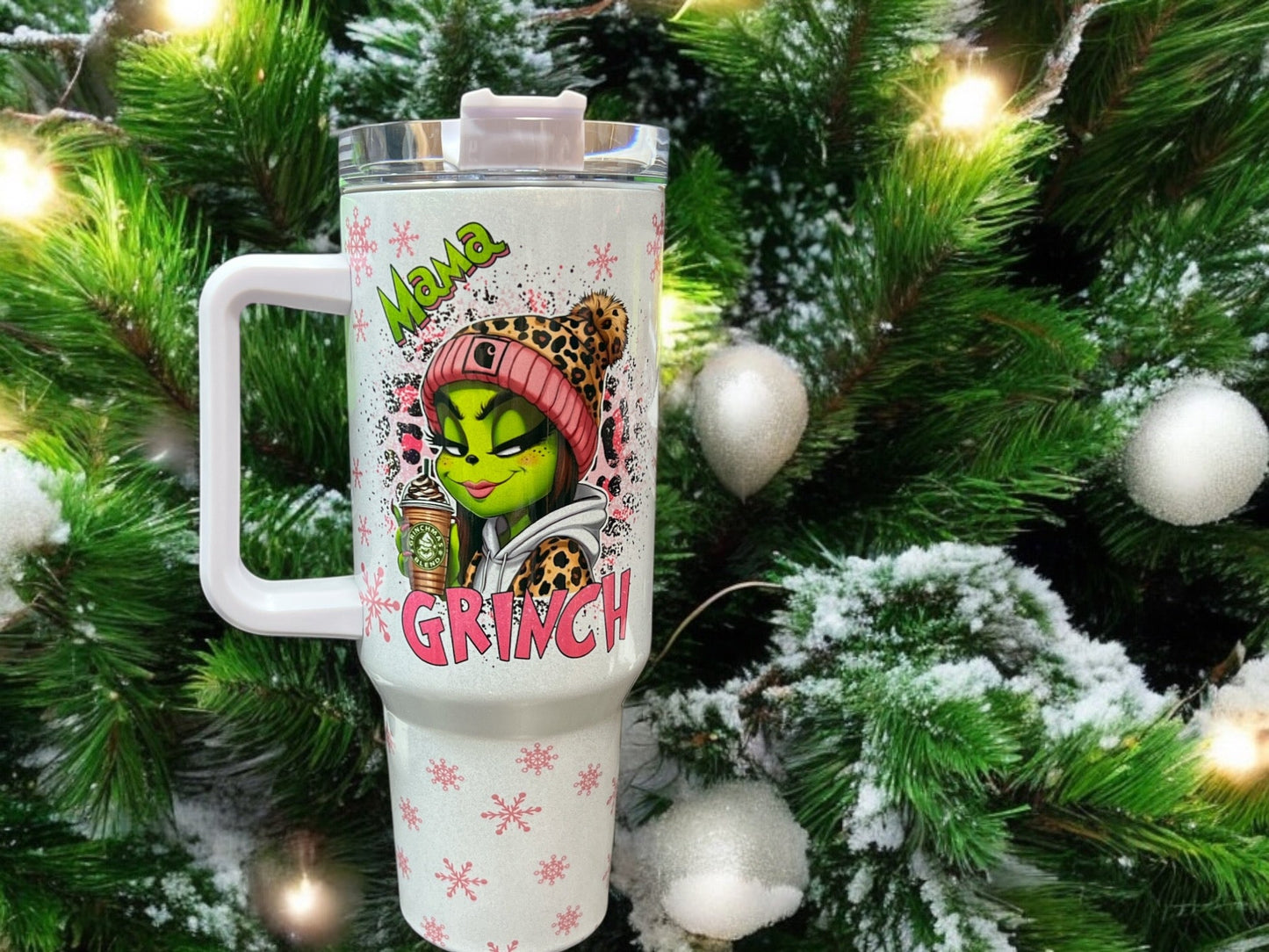 40oz HOLOGRAPHIC Shimmer Stanley Style- MAMA Grinch