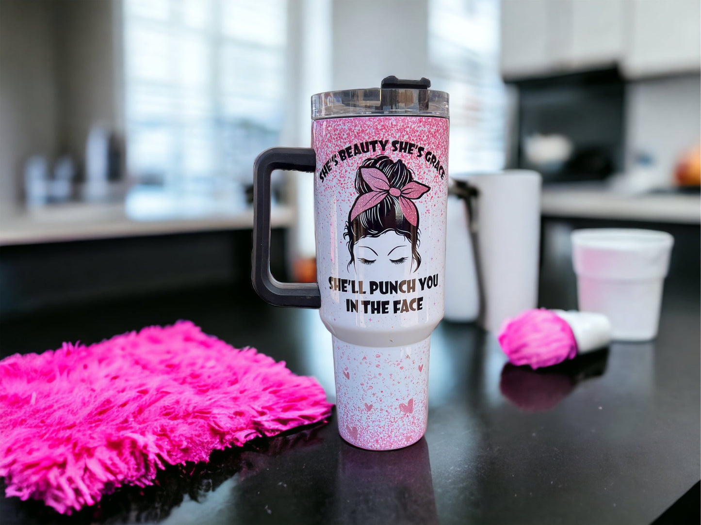 Beauty Meets Attitude – 40oz Stainless Steel Thirst Quencher with “She’s Beauty, She’s Grace, She Will Punch You in the Face”