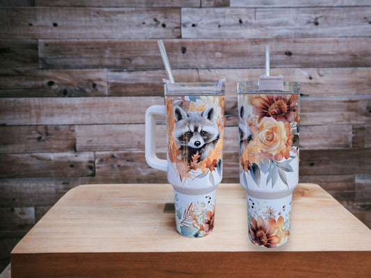 Woodland Whimsy – 40oz Stainless Steel Thirst Quencher with Cute Raccoon & Flowers Design