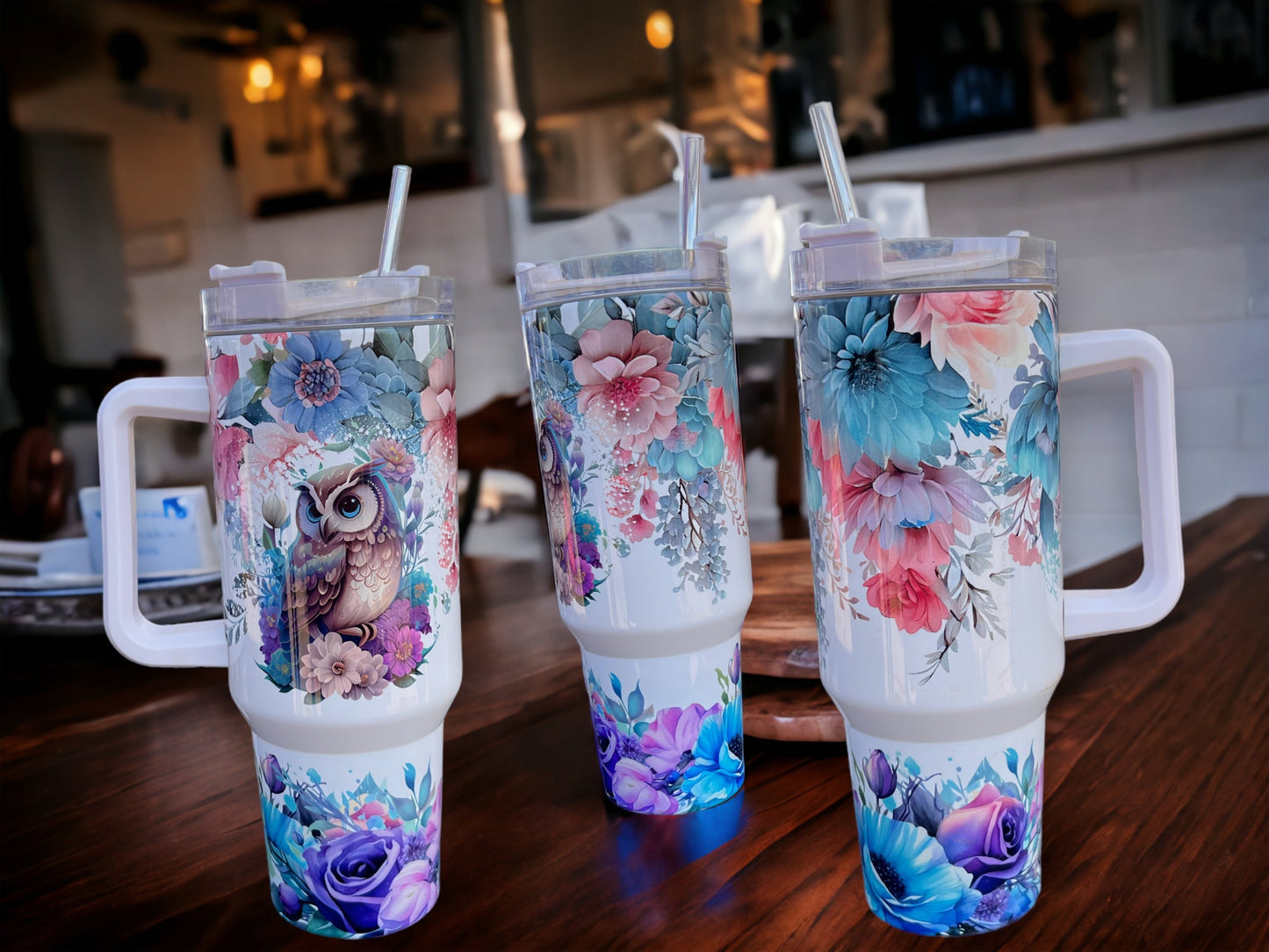 Nature-Inspired Elegance – 40oz Stainless Steel Thirst Quencher with Owl & Flowers Design