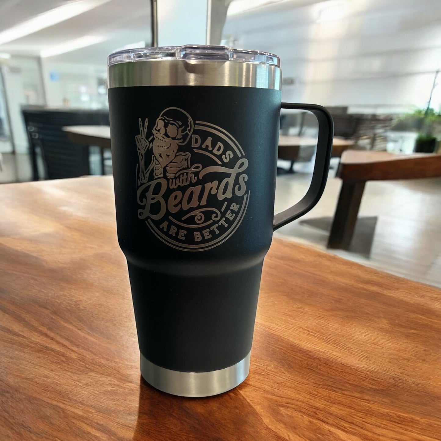 20oz Double-Walled Stainless Steel Travel Mug engraved with: Dads With Beards are Better
