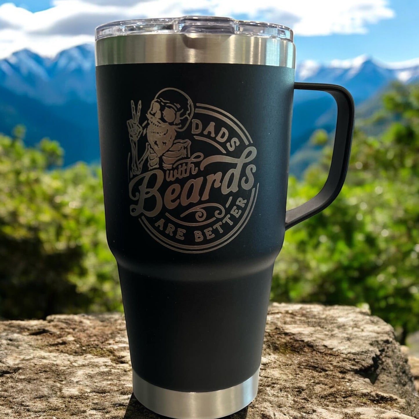 20oz Double-Walled Stainless Steel Travel Mug engraved with: Dads With Beards are Better