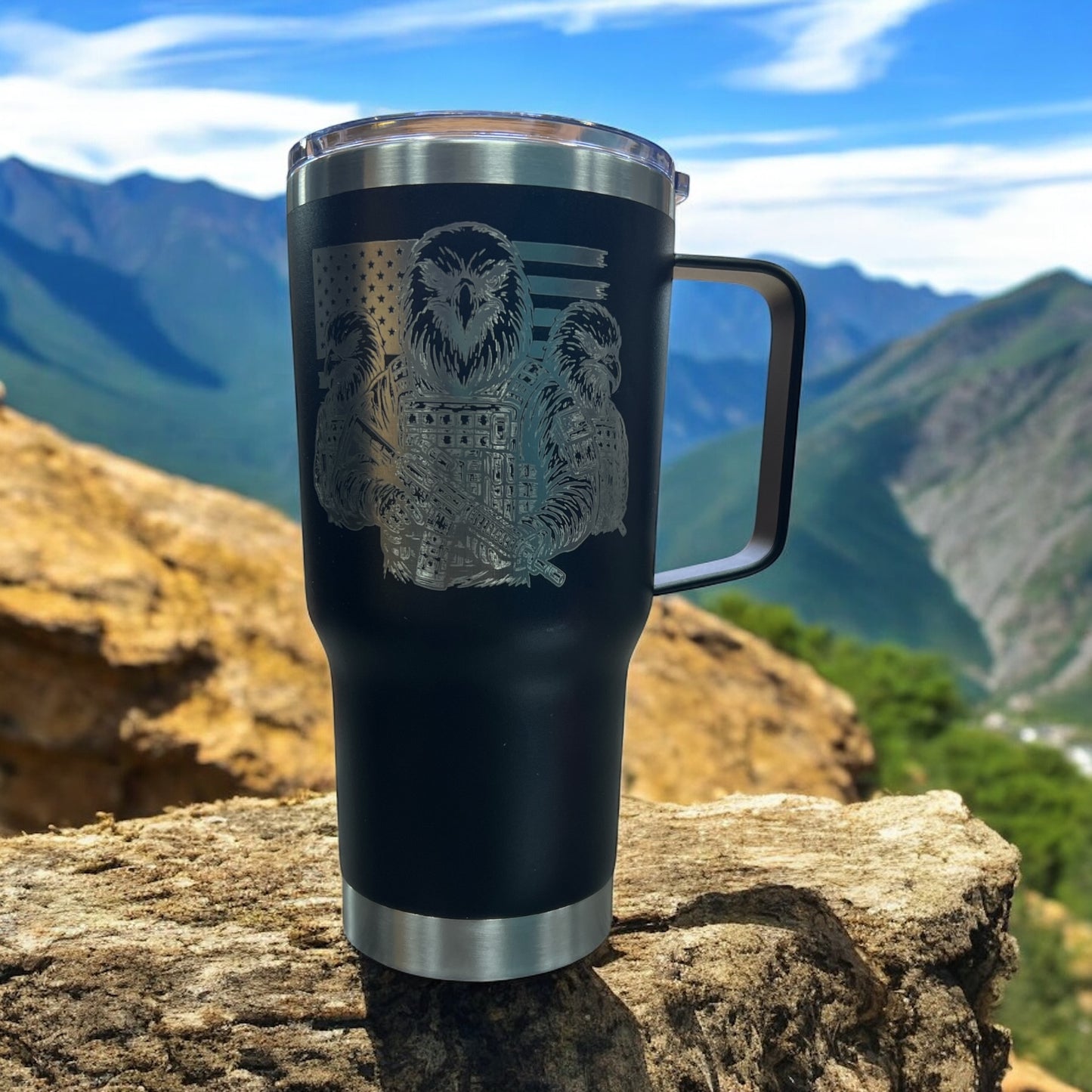20oz Double-Walled Stainless Steel Travel Mug engraved with: American Eagle and Soldiers with Guns