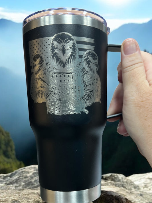 20oz Double-Walled Stainless Steel Travel Mug engraved with: American Eagle and Soldiers with Guns