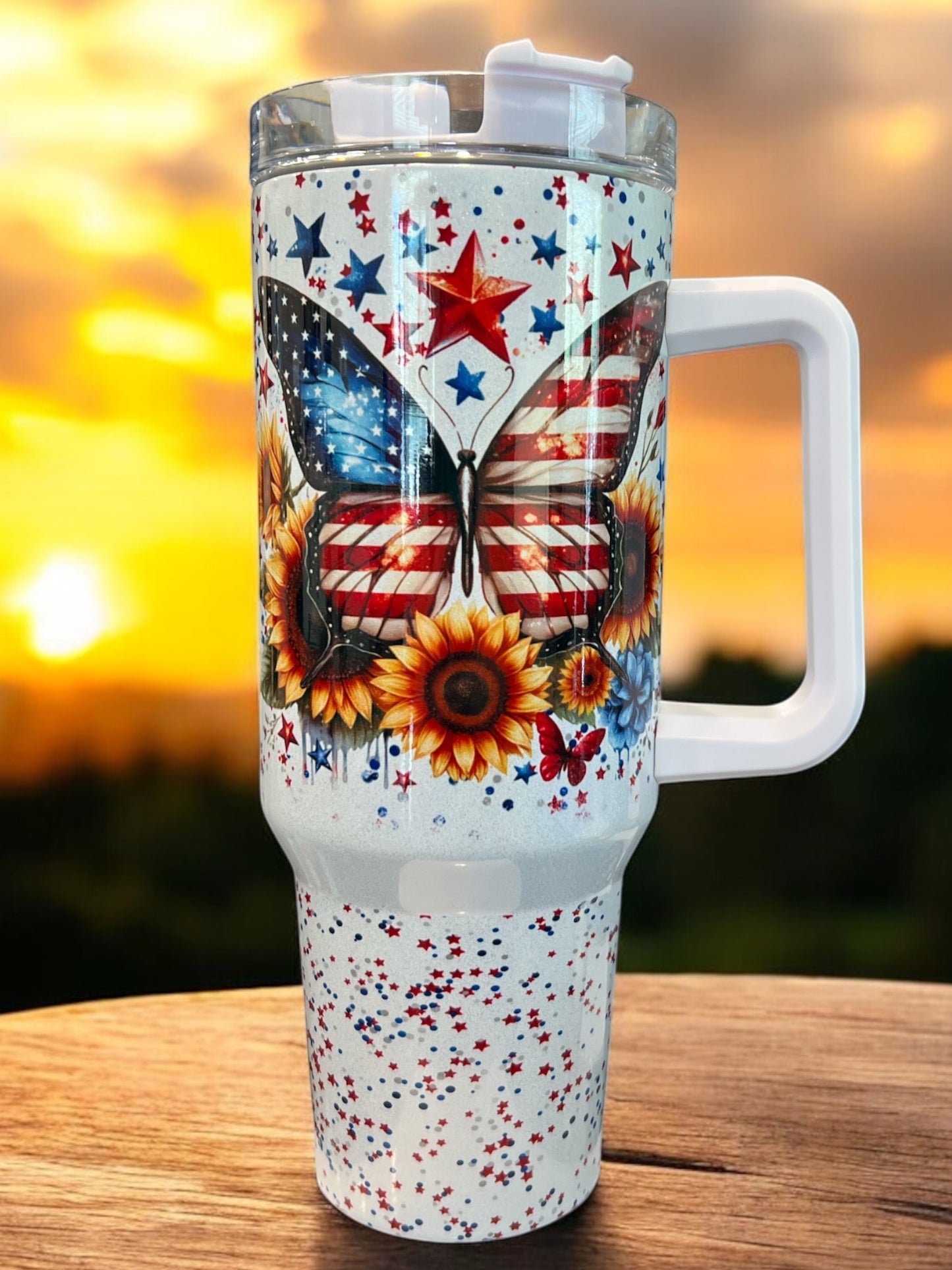 Butterfly 4Th of July Sunflower Holographic Sparkle Stainless Steel 40oz Insulated Cup Water Bottles
