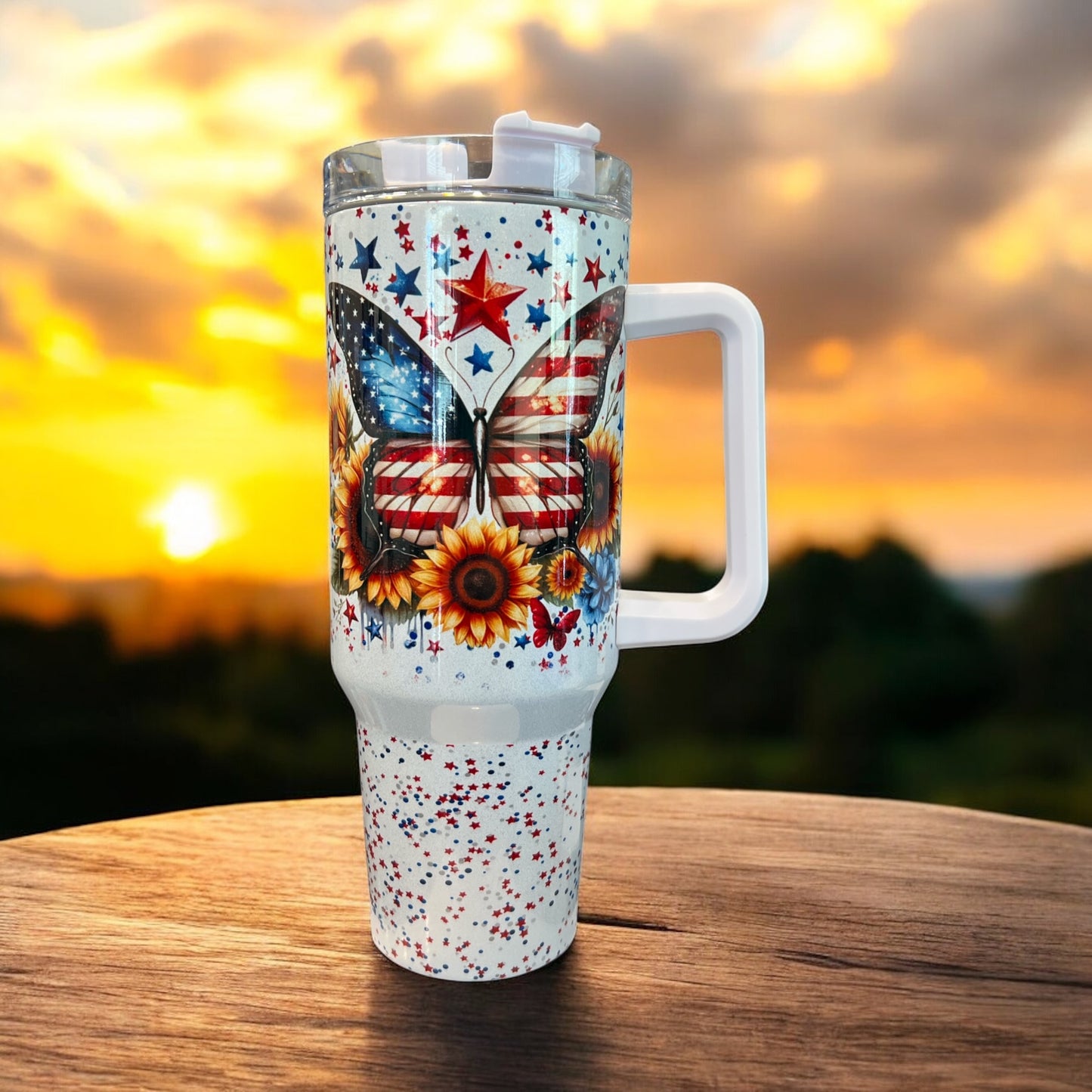 Butterfly 4Th of July Sunflower Holographic Sparkle Stainless Steel 40oz Insulated Cup Water Bottles