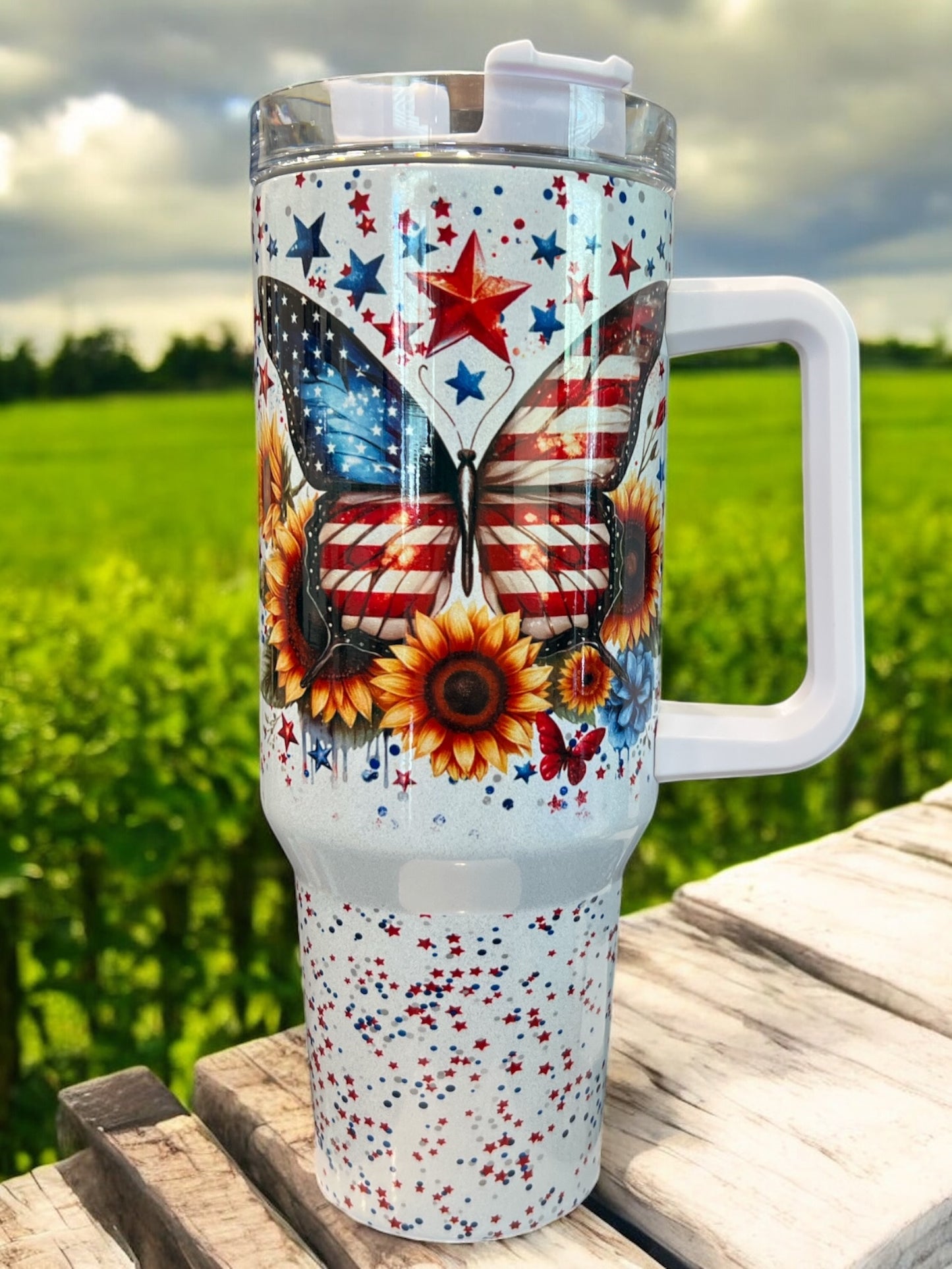 Butterfly 4Th of July Sunflower Holographic Sparkle Stainless Steel 40oz Insulated Cup Water Bottles