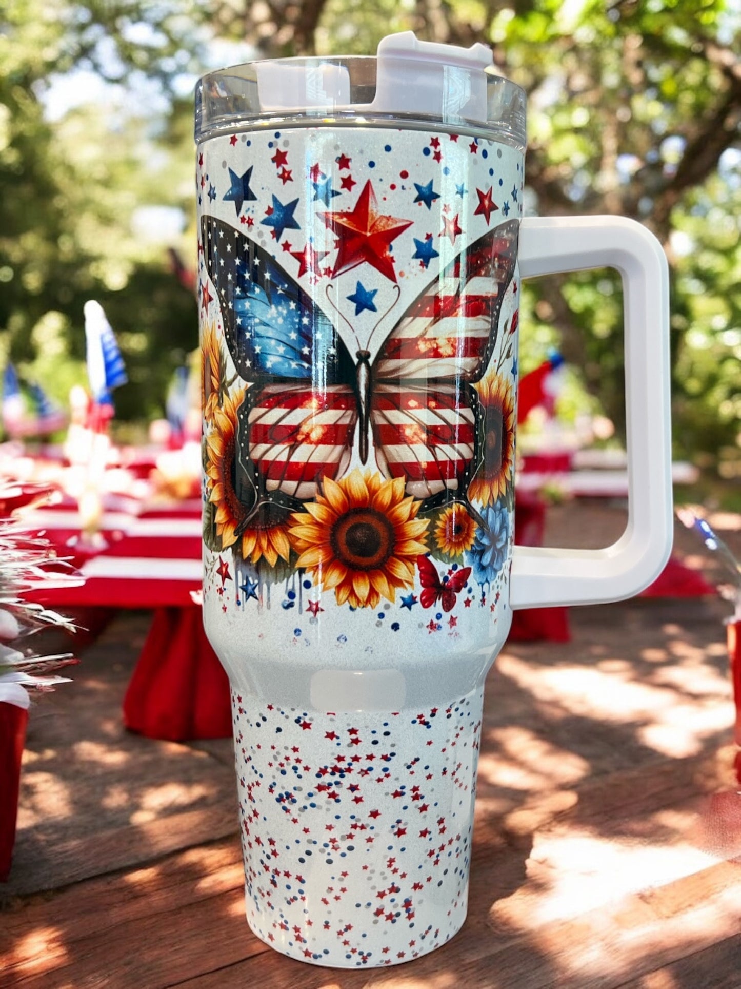 Butterfly 4Th of July Sunflower Holographic Sparkle Stainless Steel 40oz Insulated Cup Water Bottles