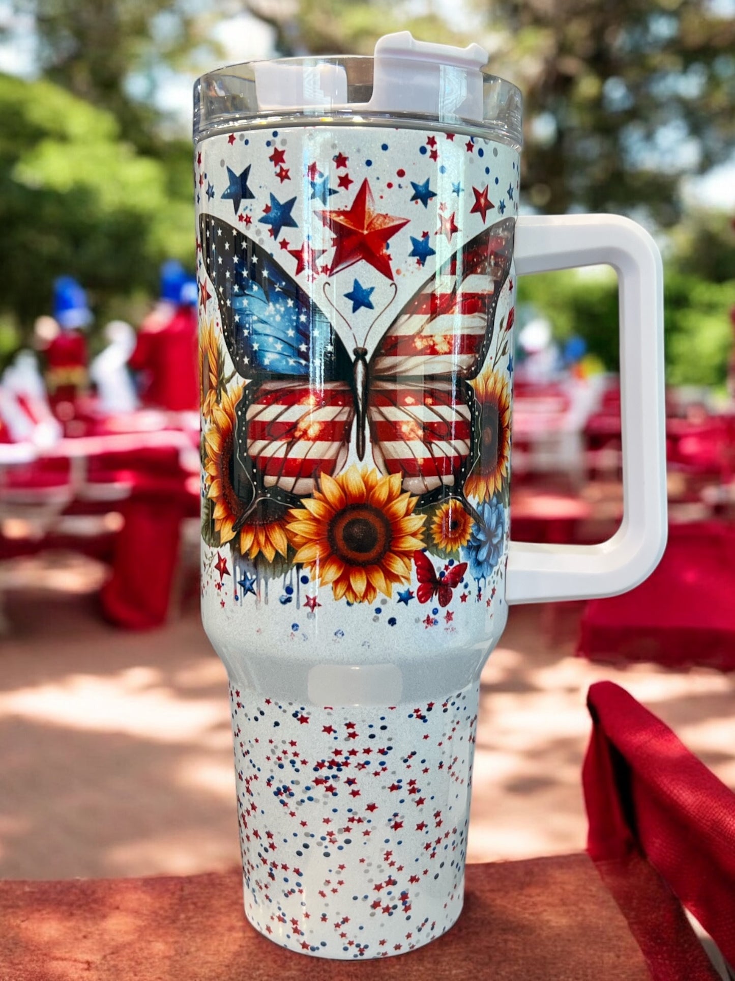 Butterfly 4Th of July Sunflower Holographic Sparkle Stainless Steel 40oz Insulated Cup Water Bottles