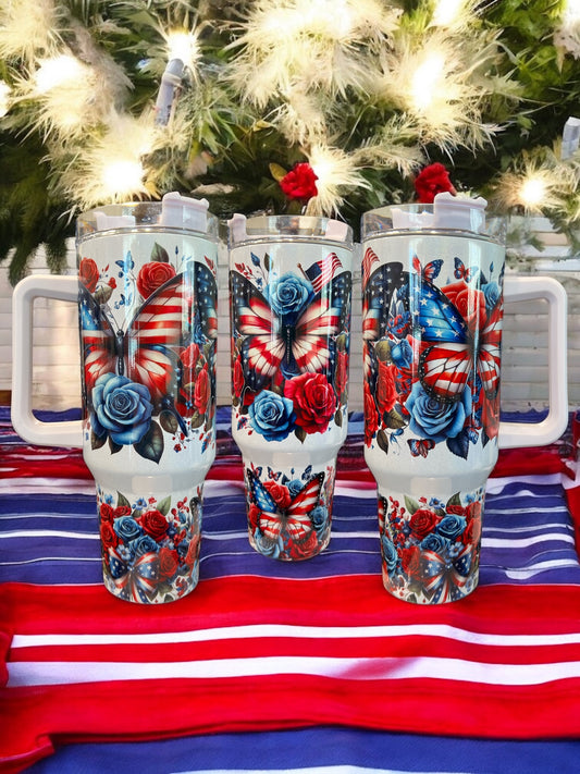 🦋 Butterfly 4Th of July Patriotic Holographic Sparkle Stainless Steel 40oz Insulated Cup Water Bottles