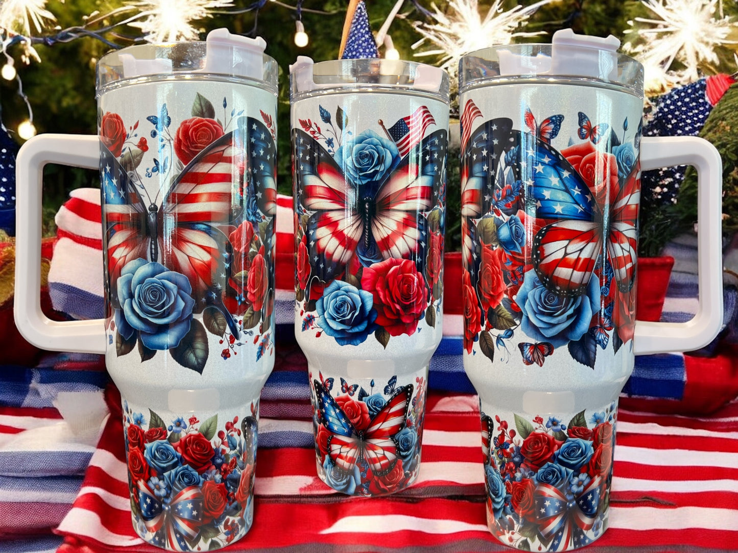 🦋 Butterfly 4Th of July Patriotic Holographic Sparkle Stainless Steel 40oz Insulated Cup Water Bottles