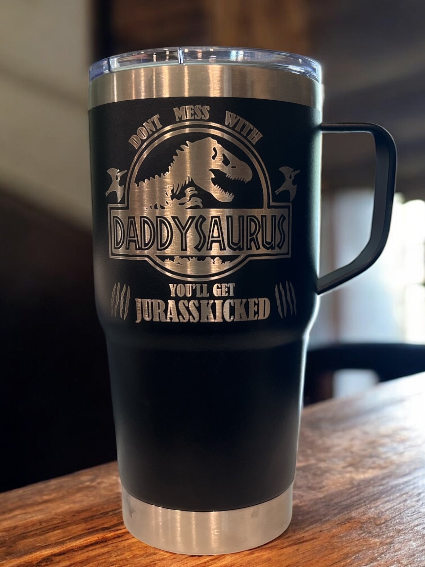 Travel Mug, boldly laser-engraved with: Daddysaurus