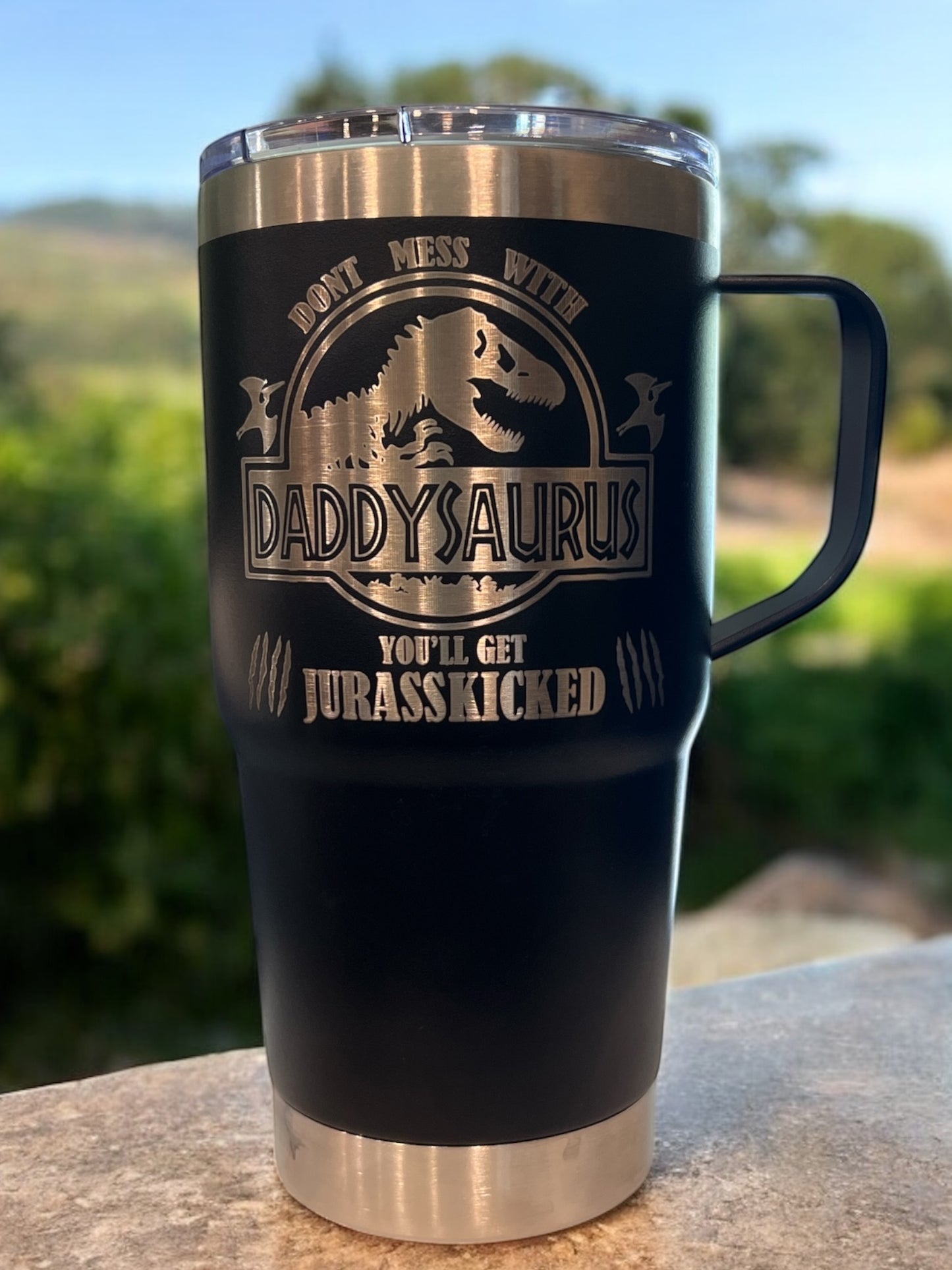 Travel Mug, boldly laser-engraved with: Daddysaurus