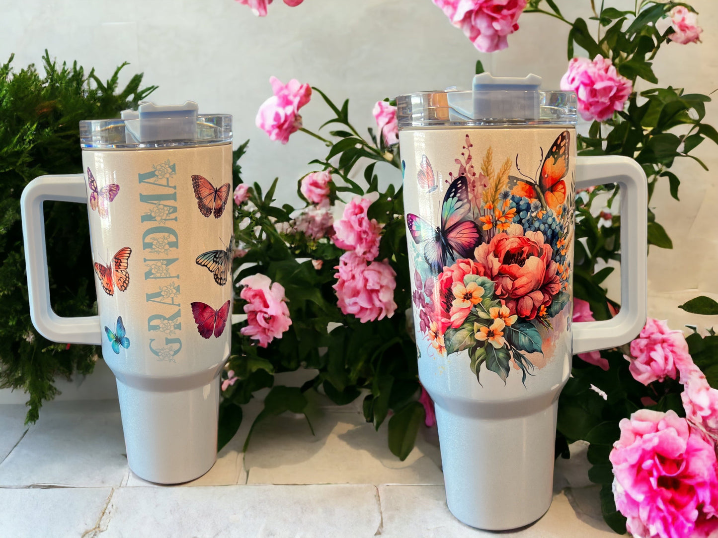 Grandma with flowers holographic sparkle 40oz Stainless Steel Thirst Quencher Tumblers