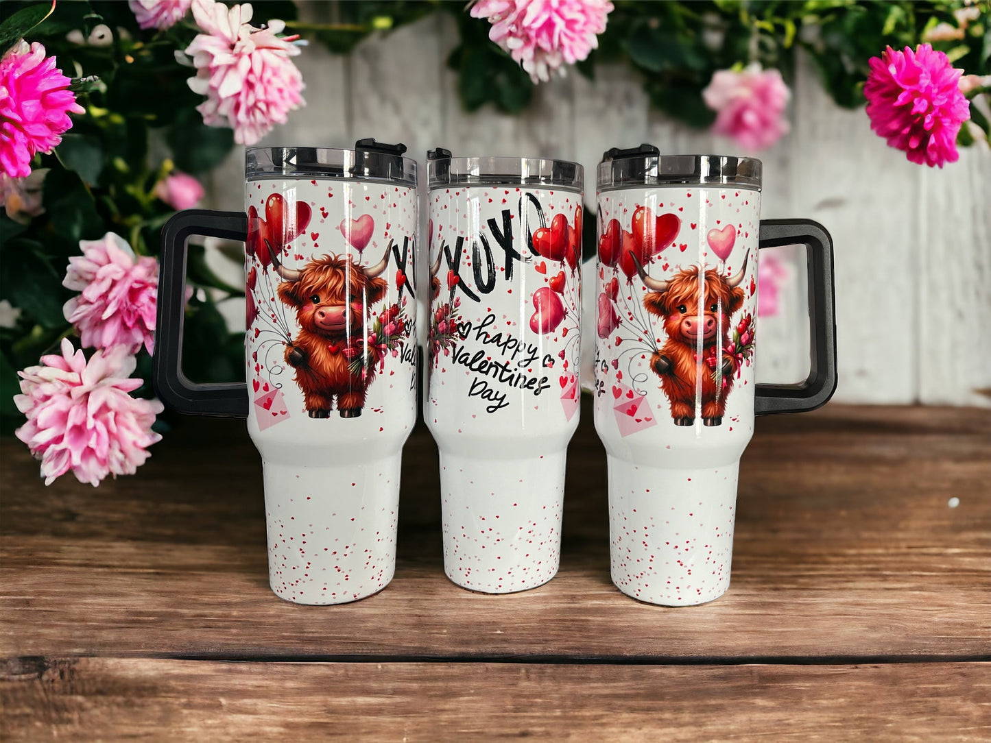 40oz Stanley Style Thirst Quencher Tumblers -valentine cow with flowers