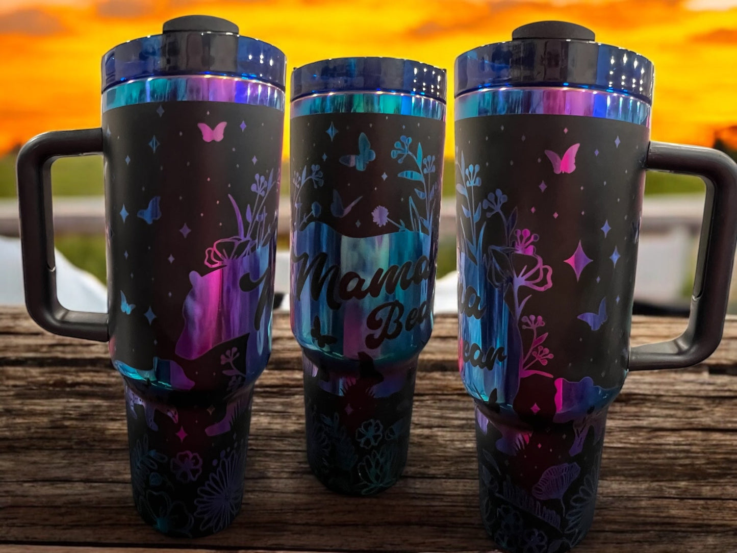 Engraved Rainbow Mama Bear with 2 cubs- 40oz Stainless Steel Portable Cup with Handle -