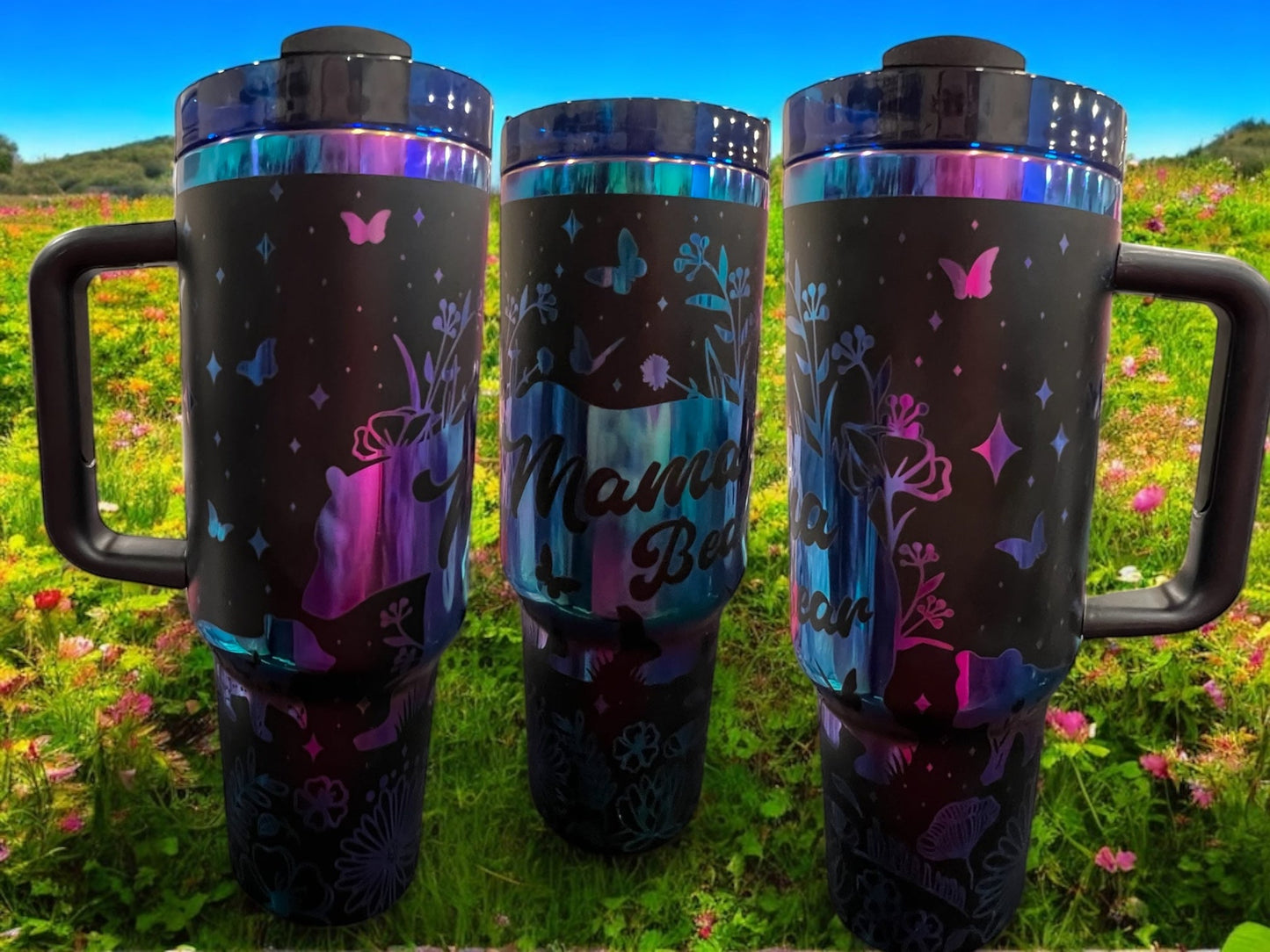 Engraved Rainbow Mama Bear with 2 cubs- 40oz Stainless Steel Portable Cup with Handle -