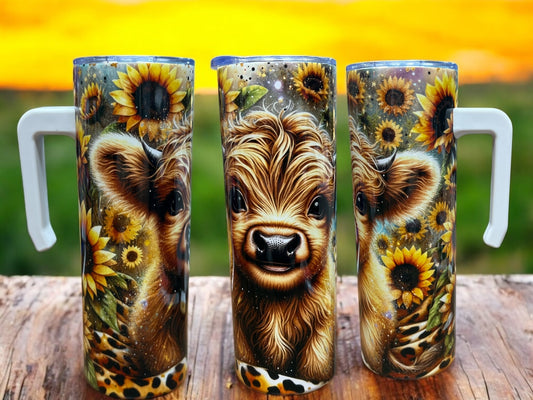 Beautiful Sunflower Cow 20oz Stainless Steel Tumbler with Handle