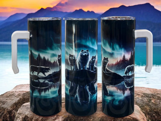Beautiful Wolf Northern Lights-  Comfortable handle  20oz Stainless Steel
