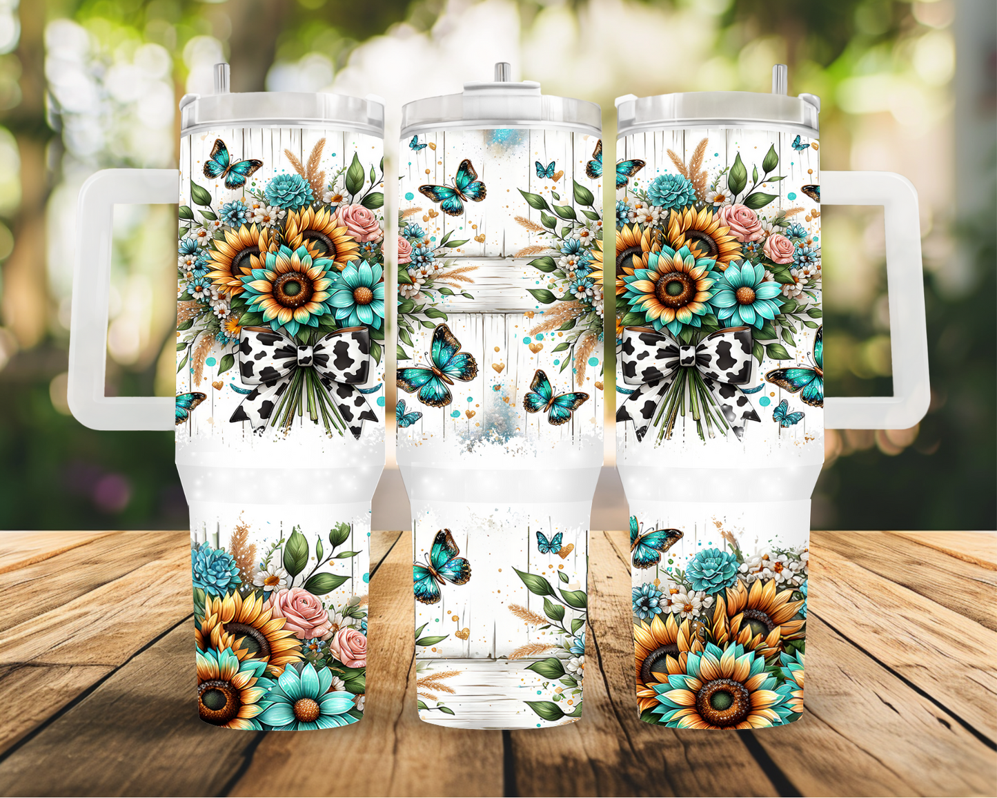 Butterflies and Flowers (teal yellow) Holographic Sparkle 40oz Cup Water Bottles - Reusable Portable Drinkware for Everyday Use