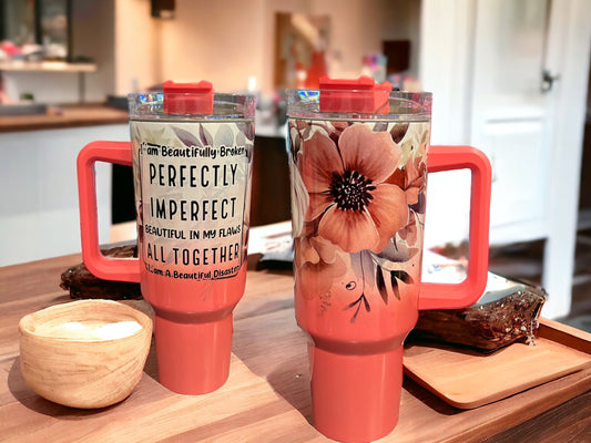 40oz Stanley Style Thirst Quencher Tumblers - light pink/white, holographic shimmer sparkle-perfectly imperfect beautiful in my flaws altogether I am a beautiful disaster