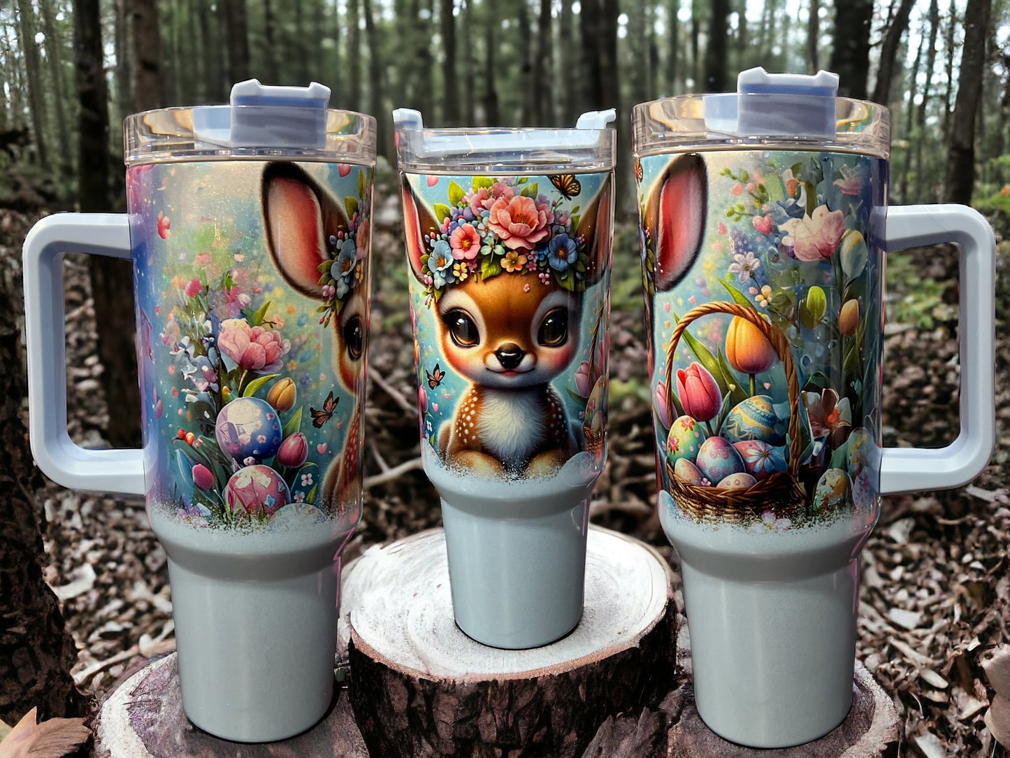 40oz Stanley Style Thirst Quencher Tumblers -cute deer with easter eggs
