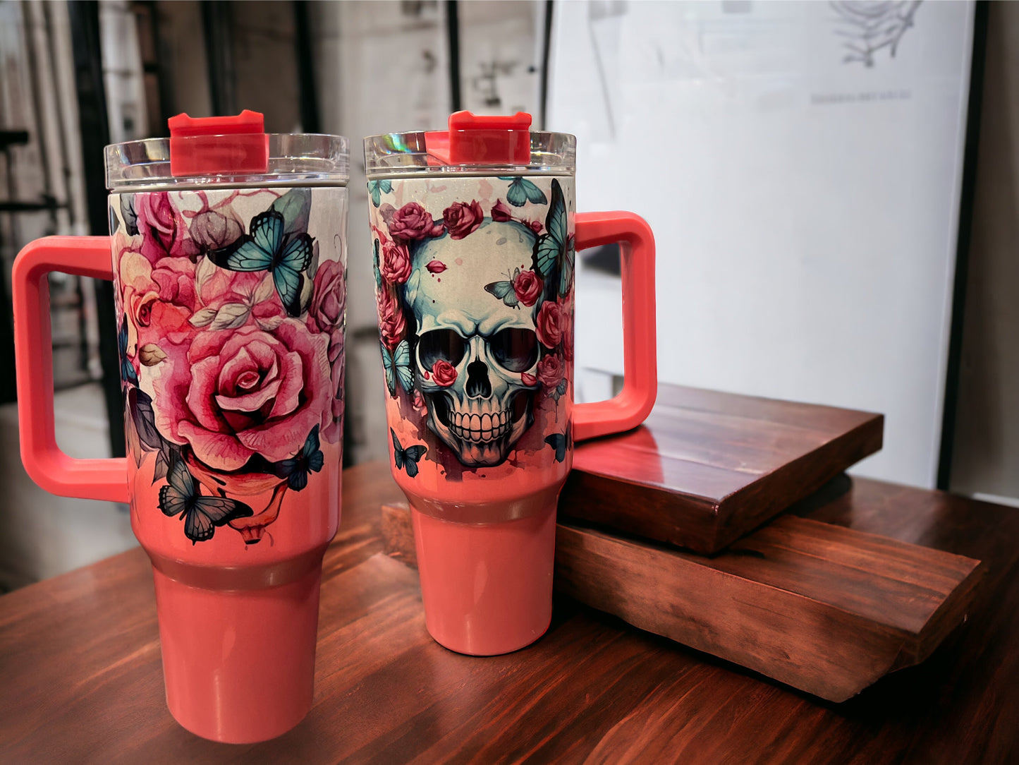 40oz Stanley Style Thirst Quencher Tumblers -skulls, teal pink flowers, ￼light pink/white holographic sparkle