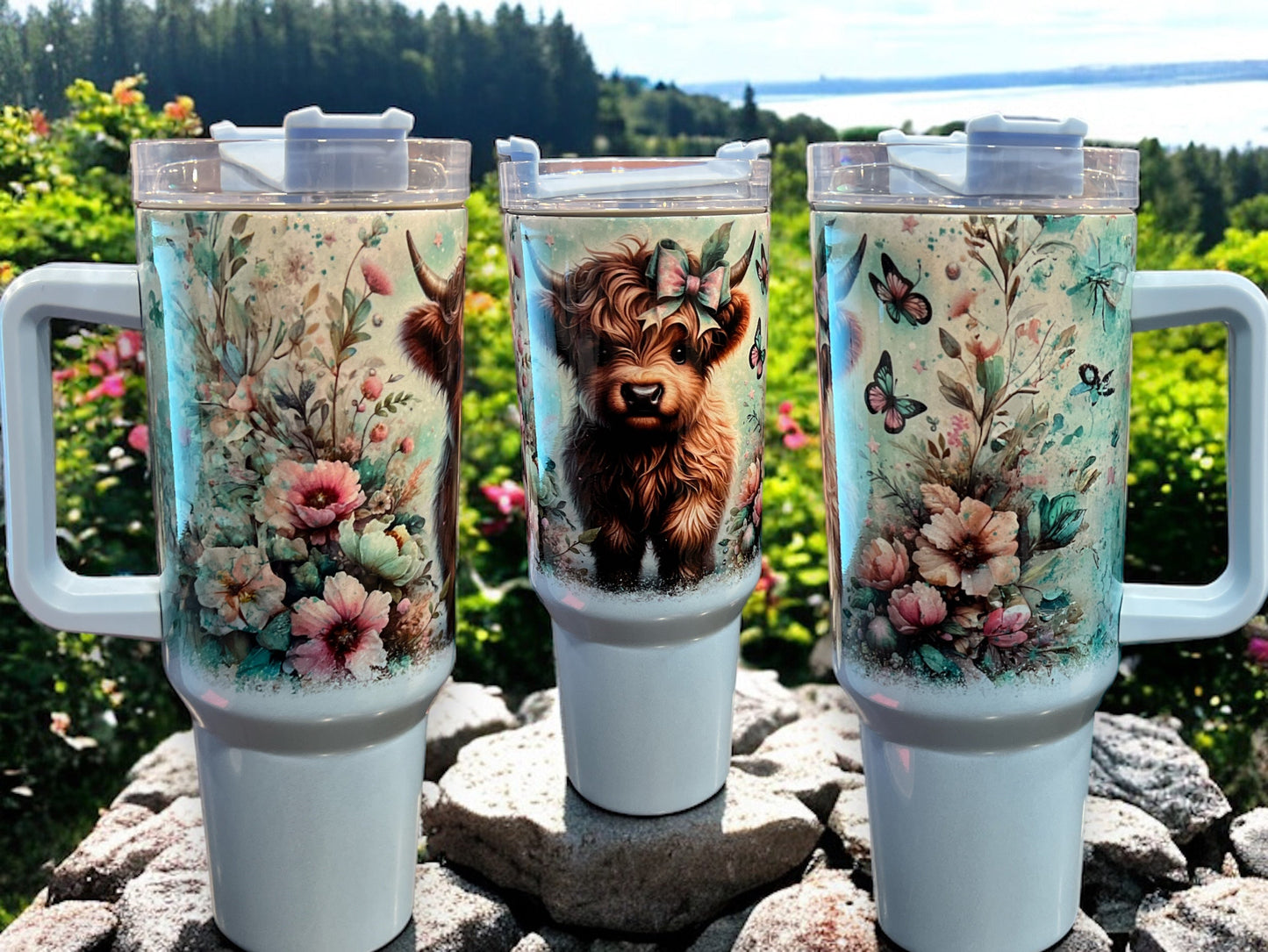 40oz Stanley Style Thirst Quencher Tumblers -cow with butterflies, ￼sunflowers blue/white holographic sparkle