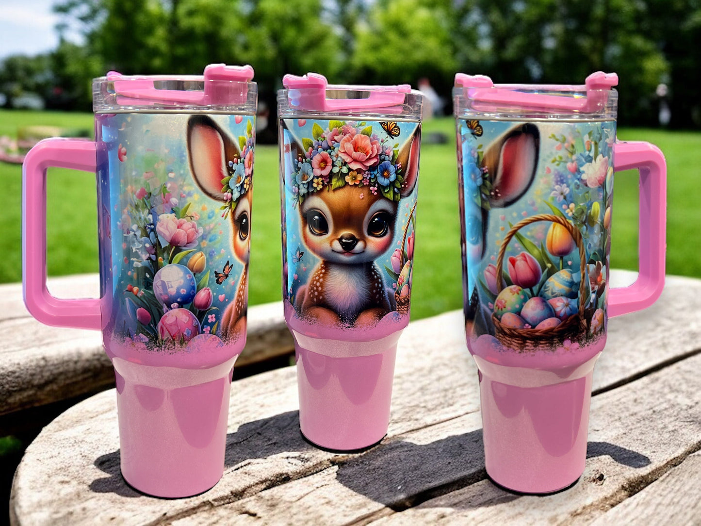 40oz Stanley Style Thirst Quencher Tumblers -cute deer with easter eggs