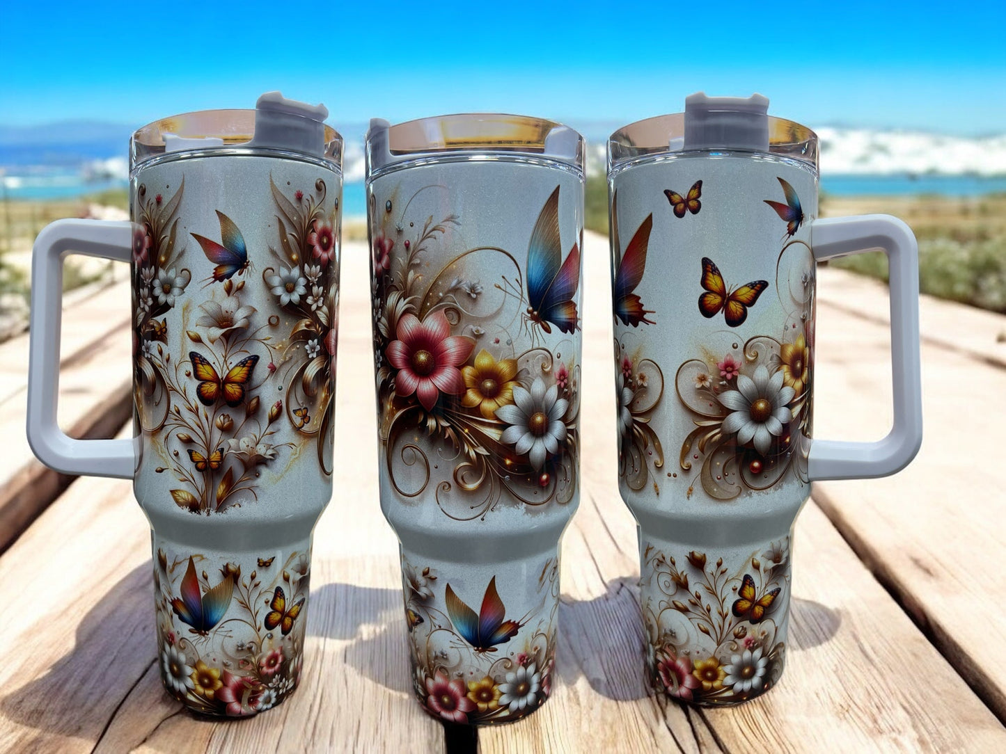 Butterflies and Flowers Beautiful Holographic Sparkle 40oz Cup Water Bottles - Reusable Portable Drinkware for Everyday Use
