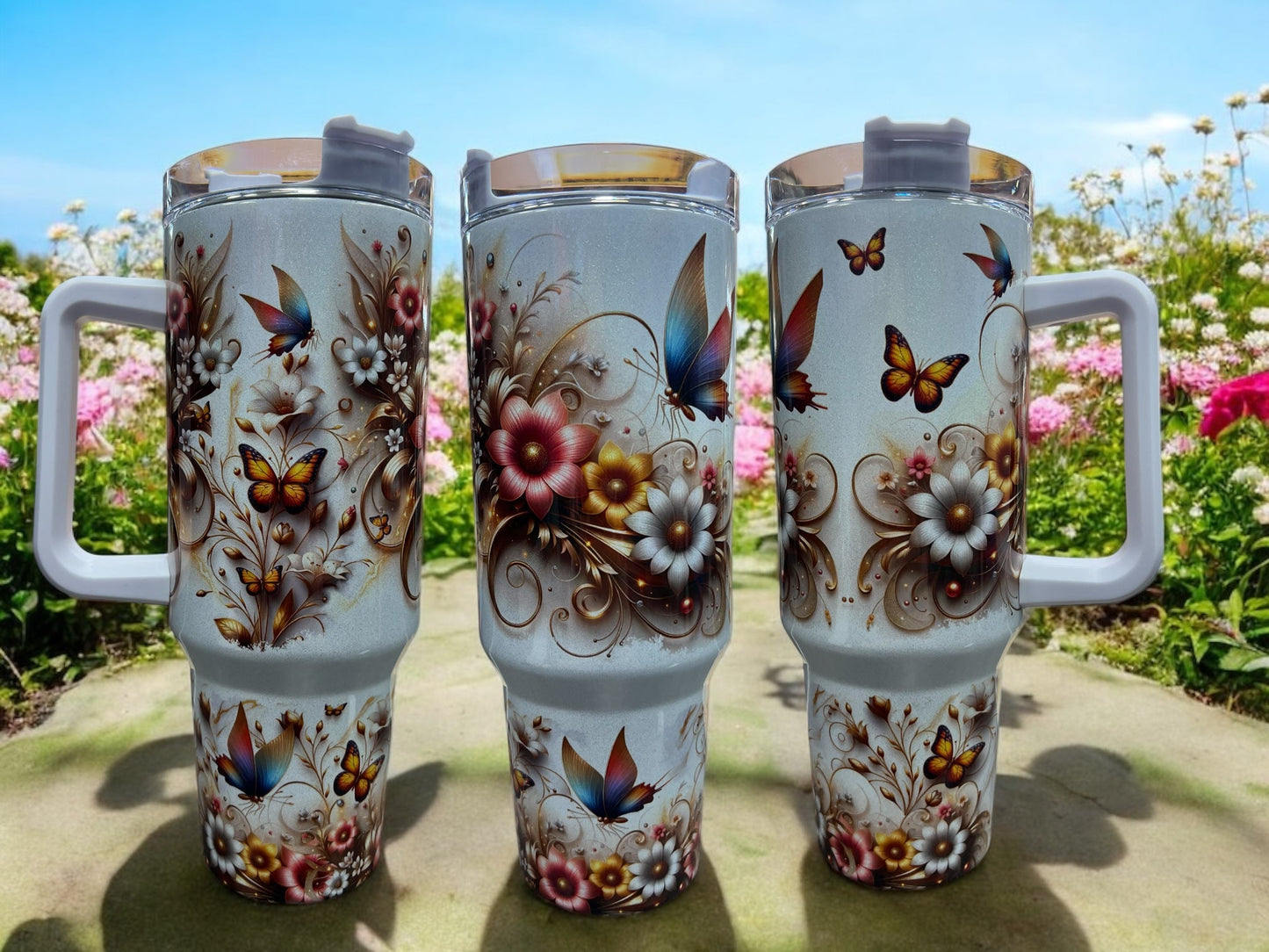 Butterflies and Flowers Beautiful Holographic Sparkle 40oz Cup Water Bottles - Reusable Portable Drinkware for Everyday Use