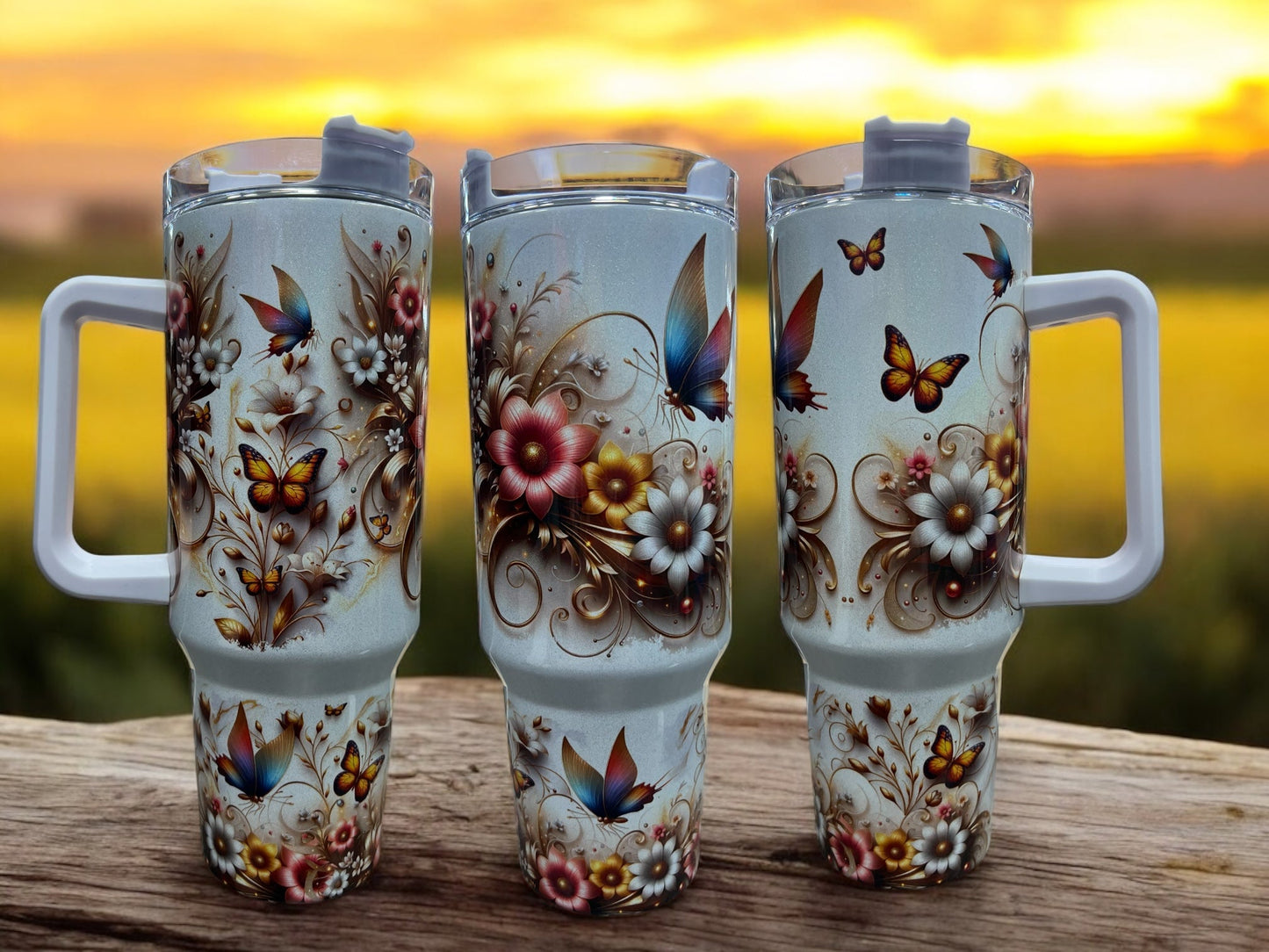 Butterflies and Flowers Beautiful Holographic Sparkle 40oz Cup Water Bottles - Reusable Portable Drinkware for Everyday Use