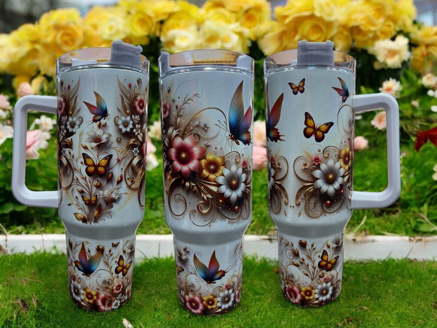 Butterflies and Flowers Beautiful Holographic Sparkle 40oz Cup Water Bottles - Reusable Portable Drinkware for Everyday Use
