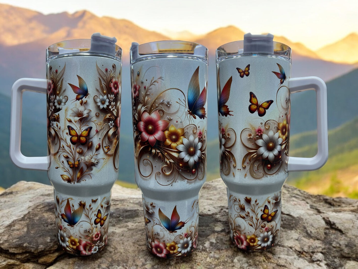 Butterflies and Flowers Beautiful Holographic Sparkle 40oz Cup Water Bottles - Reusable Portable Drinkware for Everyday Use