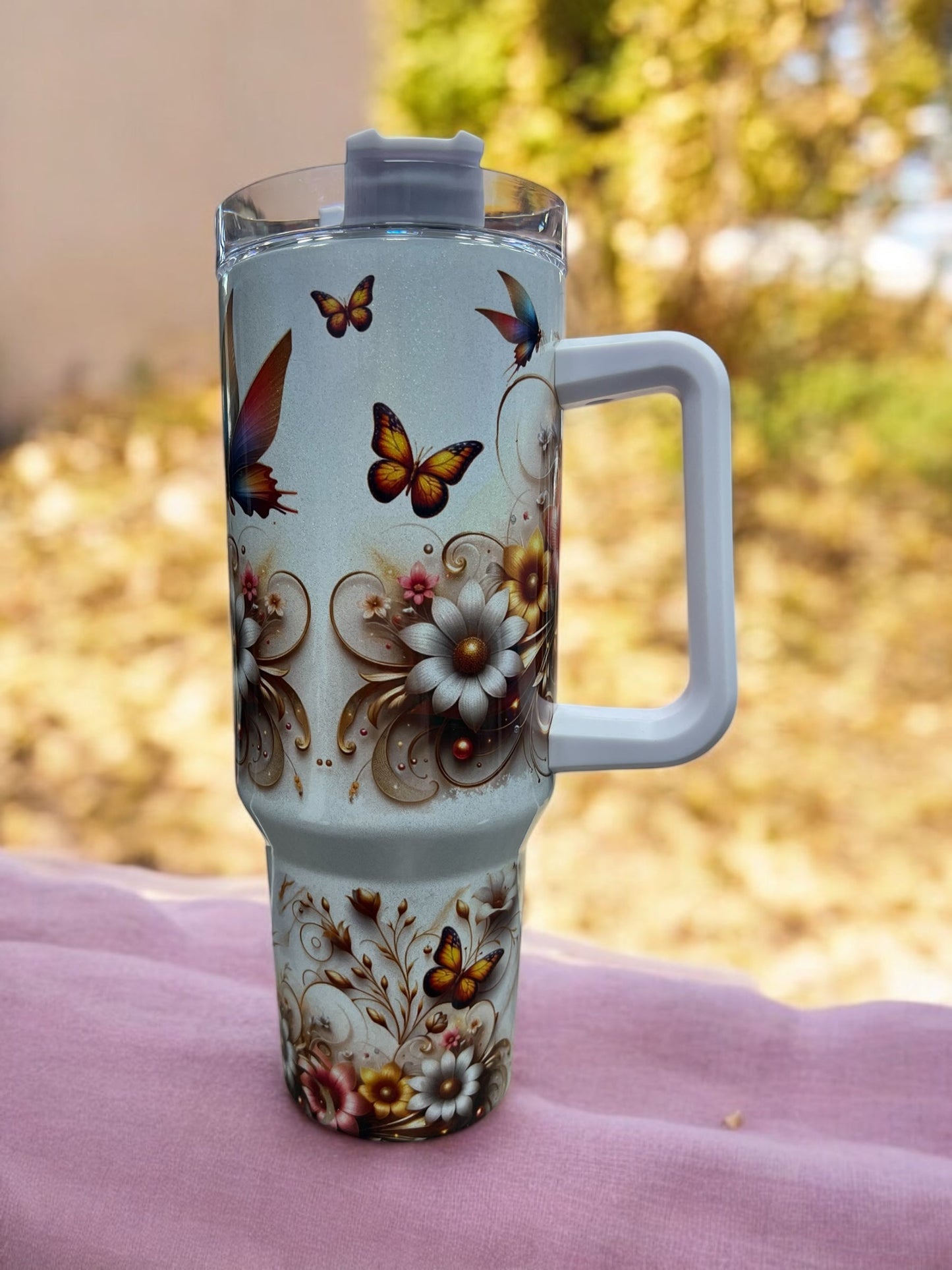 Butterflies and Flowers Beautiful Holographic Sparkle 40oz Cup Water Bottles - Reusable Portable Drinkware for Everyday Use