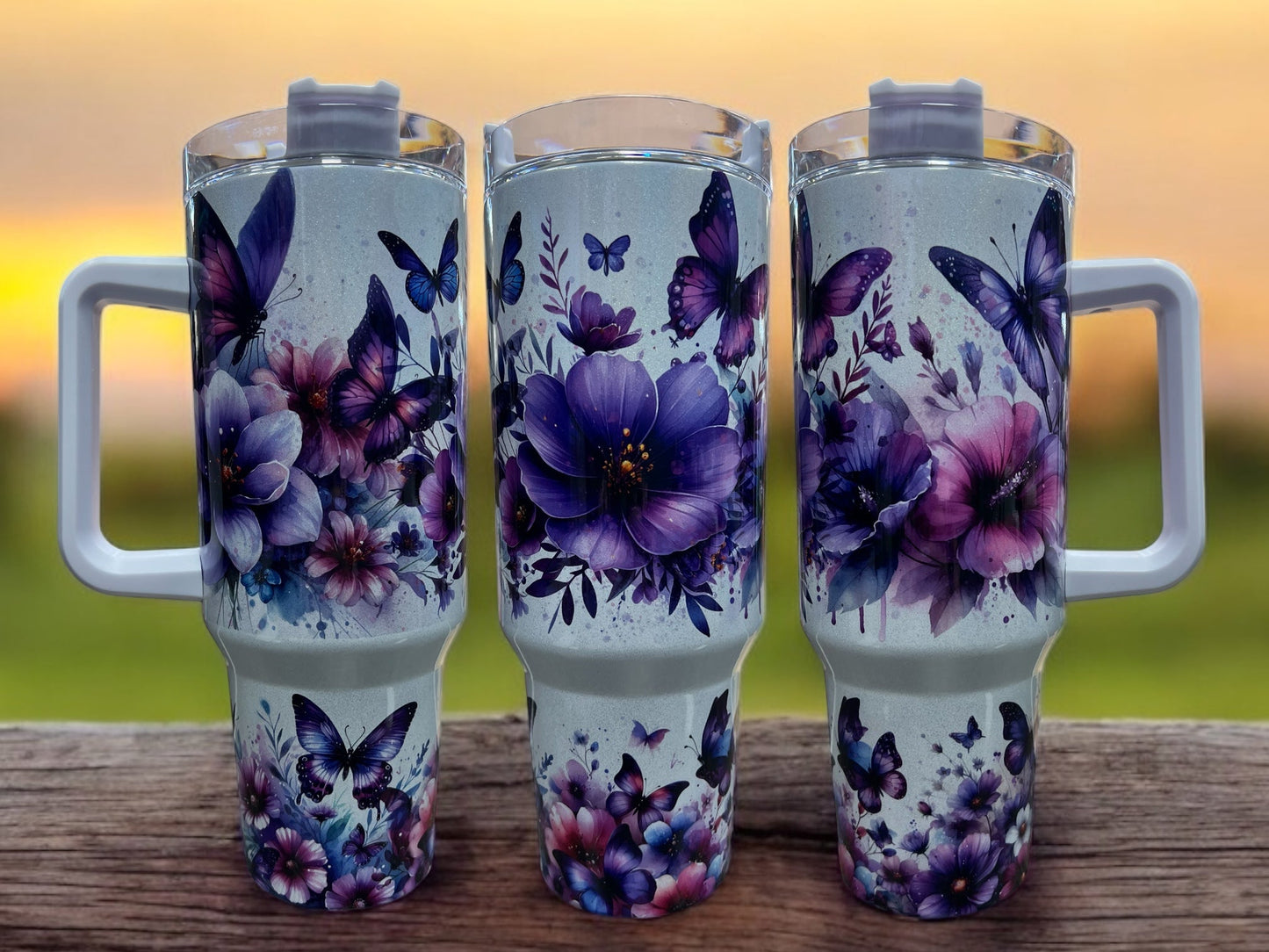 Butterflies with Flowers Holographic Sparkle 40oz Cup Water Bottles - Reusable Portable Drinkware for Everyday Use