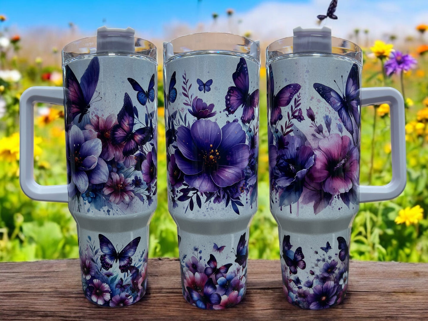 Butterflies with Flowers Holographic Sparkle 40oz Cup Water Bottles - Reusable Portable Drinkware for Everyday Use