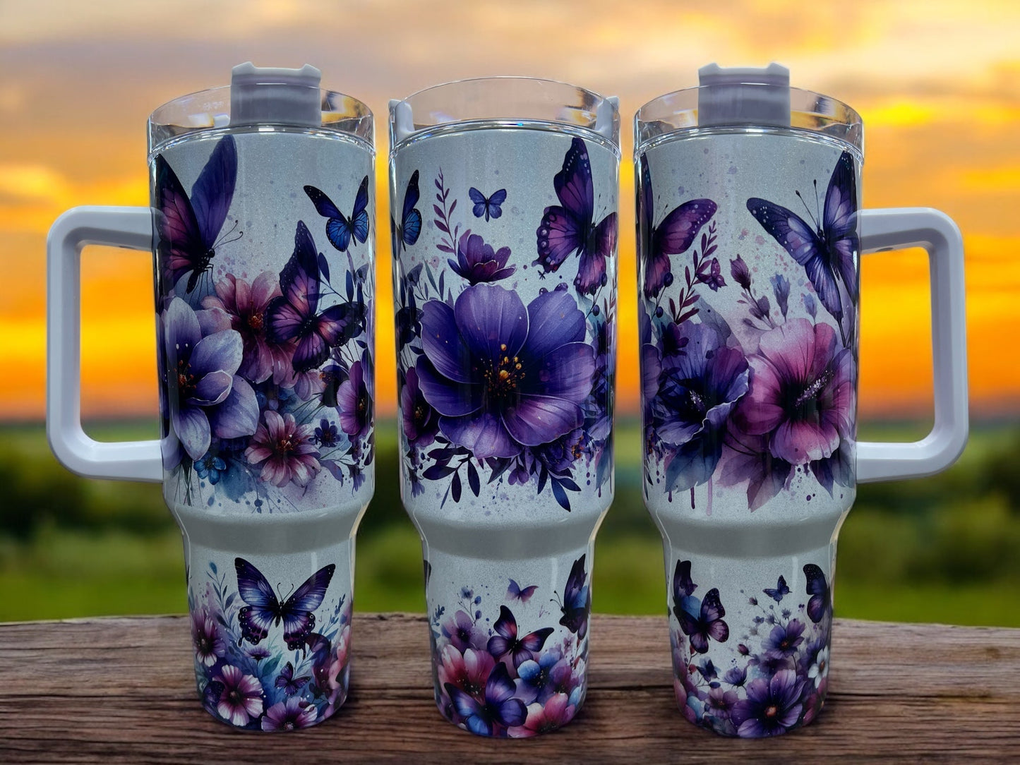 Butterflies with Flowers Holographic Sparkle 40oz Cup Water Bottles - Reusable Portable Drinkware for Everyday Use