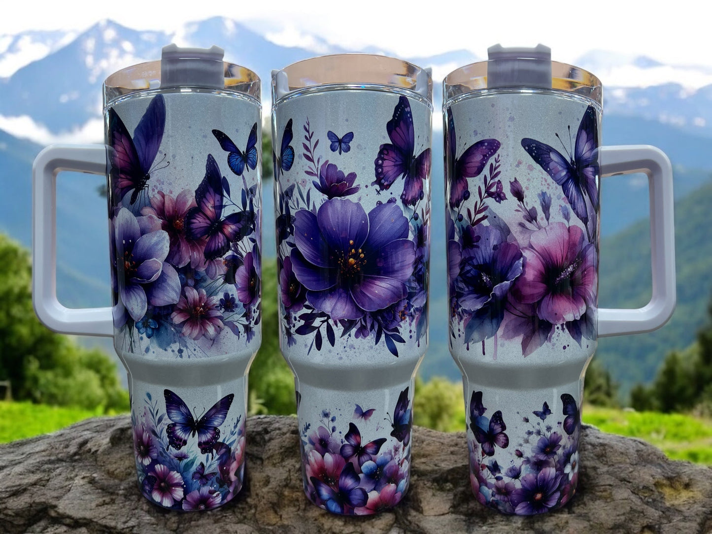 Butterflies with Flowers Holographic Sparkle 40oz Cup Water Bottles - Reusable Portable Drinkware for Everyday Use