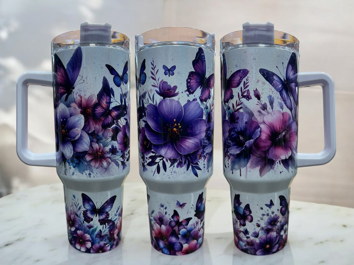 Butterflies with Flowers Holographic Sparkle 40oz Cup Water Bottles - Reusable Portable Drinkware for Everyday Use