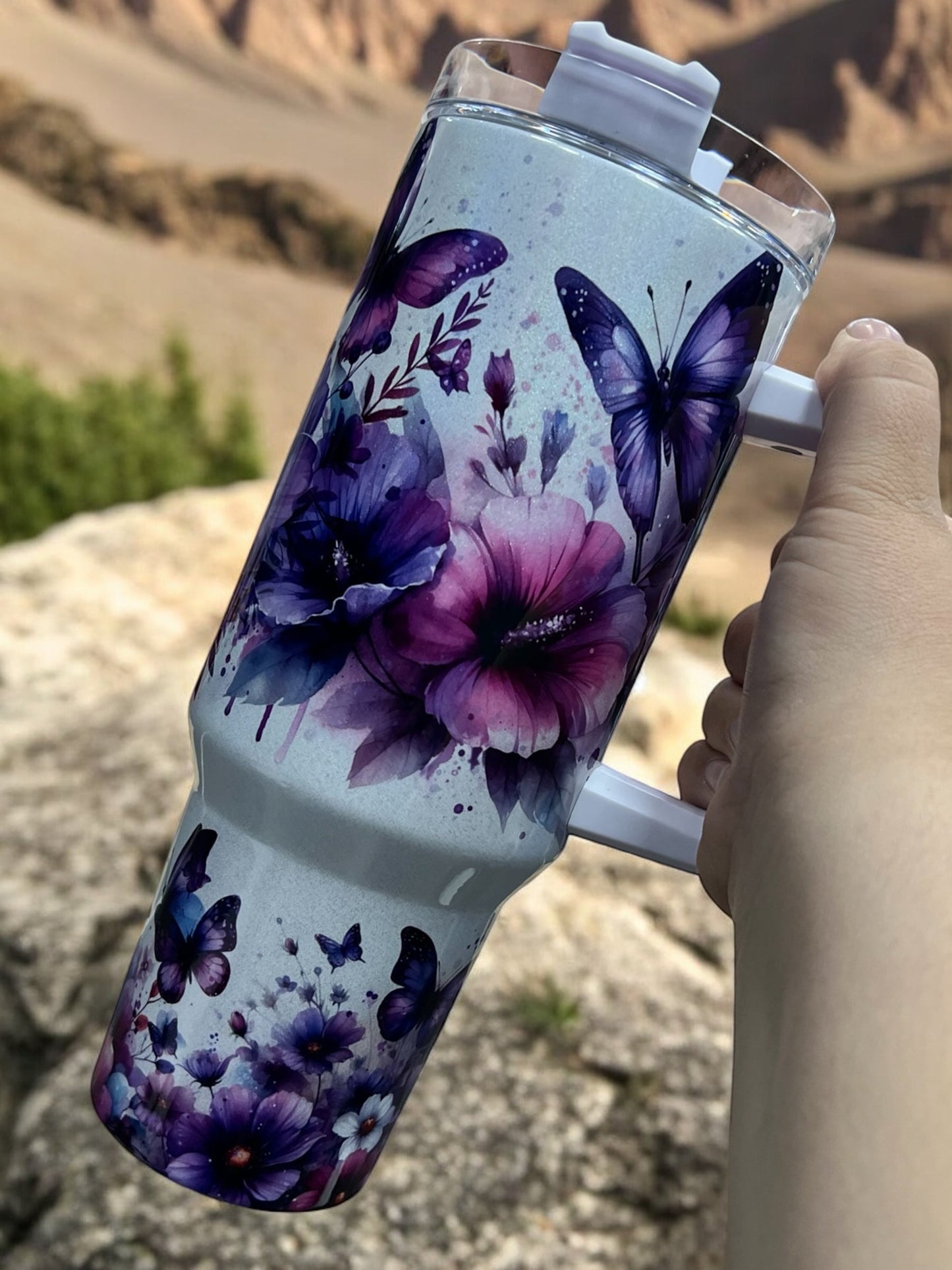 Butterflies with Flowers Holographic Sparkle 40oz Cup Water Bottles - Reusable Portable Drinkware for Everyday Use
