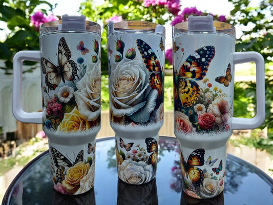 Gorgeous Butterflies with Flowers Holographic Sparkle 40oz Cup Water Bottles - Reusable Portable Drinkware for Everyday Use