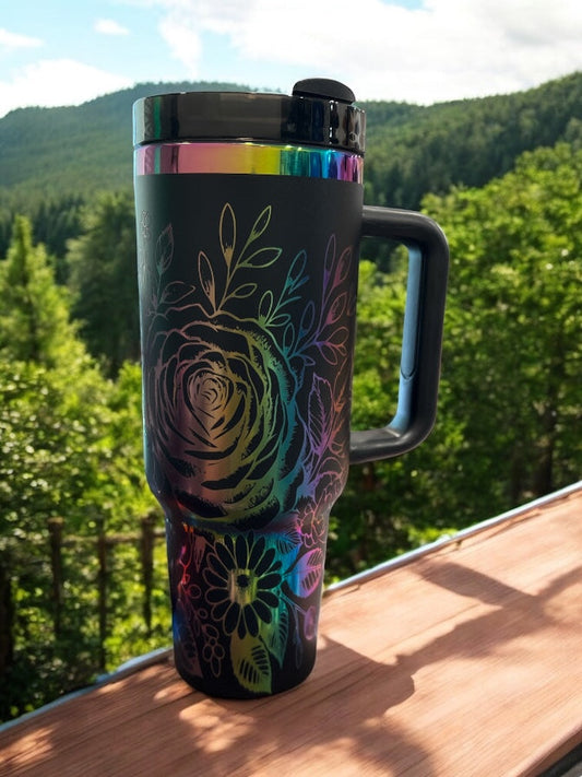 Rainbow engraved roses 40oz Stainless Steel Portable Cup with Handle