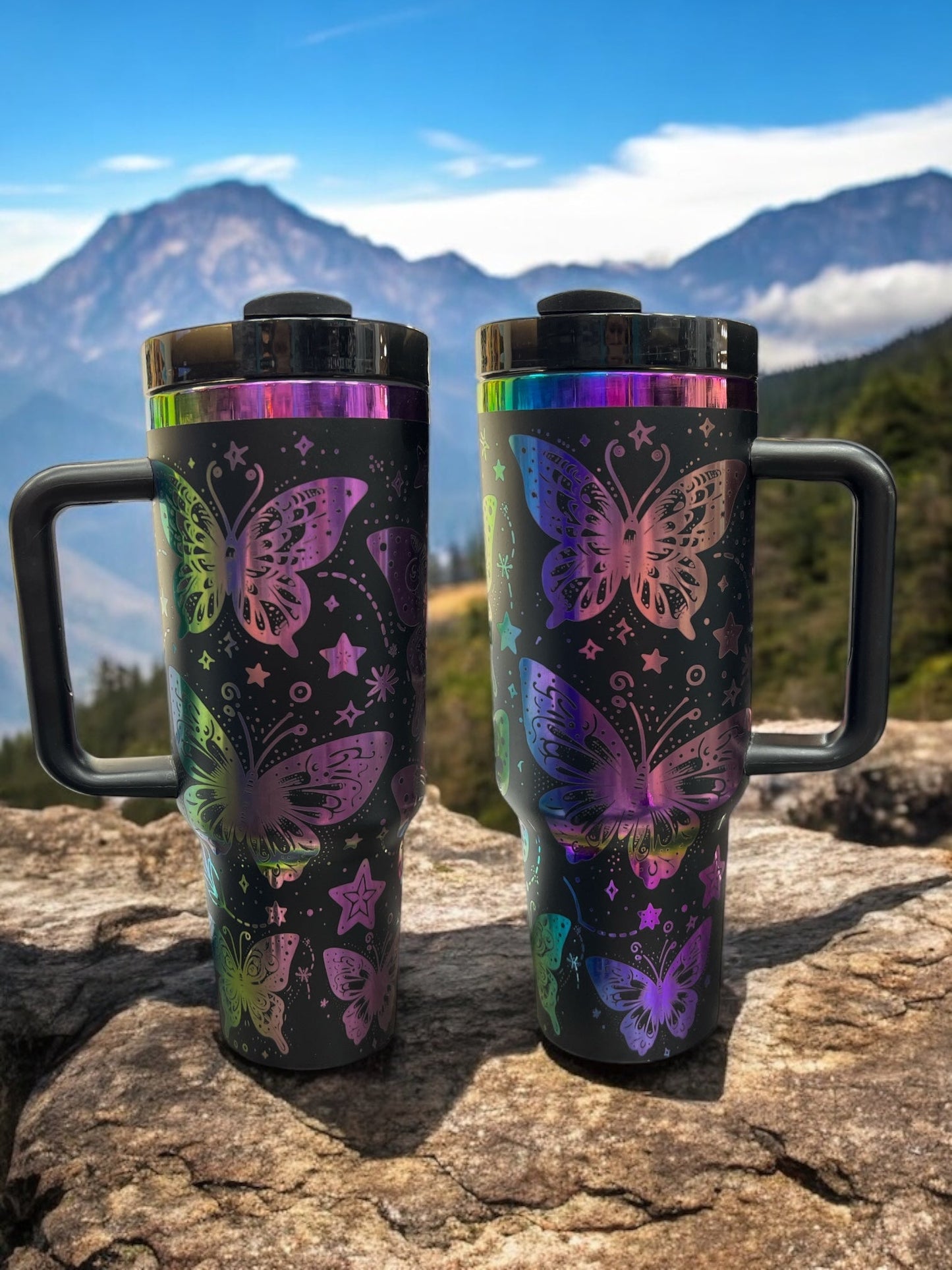 Rainbow engraved Butterflys 40oz Stainless Steel Portable Cup with Handle