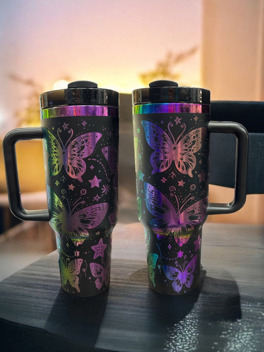 Rainbow engraved Butterflys 40oz Stainless Steel Portable Cup with Handle
