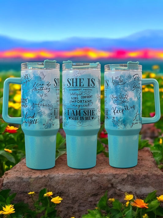 She is - 40oz Stainless Steel Holographic Sparkle Thirst Quencher Travel Cup